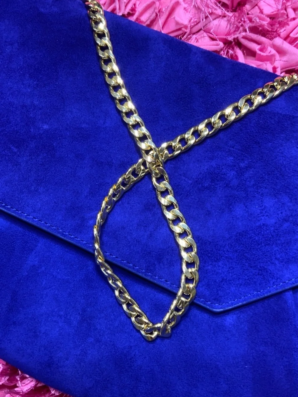 Ann Taylor Royal Blue Suede Envelope Clutch with Gold Chain Strap